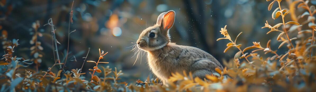 A rabbit is sitting in the grass with a blurry background photo