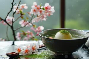 A bowl of green tea with a green egg in it photo