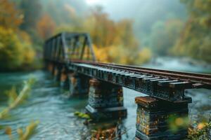A train bridge crossing over a river in the woods photo