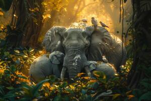 An elephant family in the jungle with birds photo