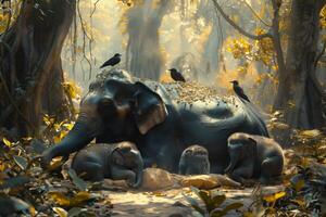 An elephant family with birds sitting on top of it photo