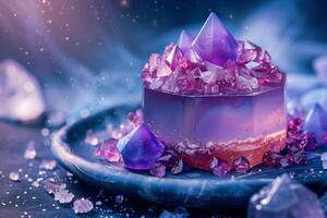 A purple cake with crystals on top photo