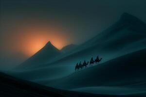 Three camels are walking in the desert at sunset photo