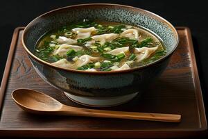 A bowl of soup on a table photo