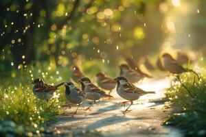 A group of birds walking on a path in the rain photo