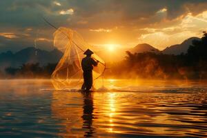A man is fishing in the water at sunset photo