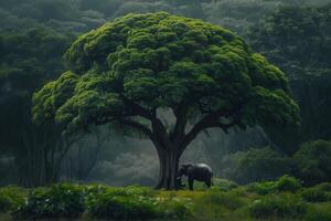 An elephant is standing under a tree in the middle of a forest photo