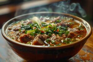 A bowl of soup with meat and vegetables photo