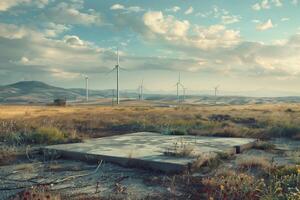 A field with wind turbines and a cement pad photo