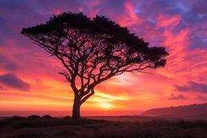 A lone tree stands in the foreground of a sunset photo
