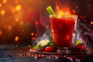 Bloody bloody cocktail with red liquid and garnish on a dark background photo