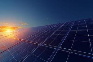 Solar panels on a blue sky with the sun setting photo