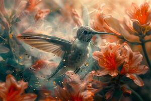 A hummingbird flying through the air with flowers photo