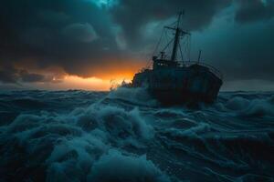 A boat in the ocean at sunset with storm clouds photo