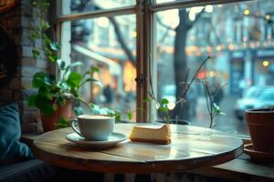 Coffee and cake on a table in front of a window photo