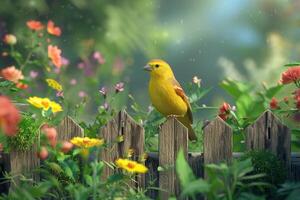 A yellow bird is perched on a wooden fence photo