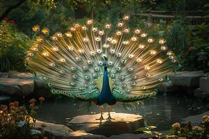 A peacock standing on a rock photo