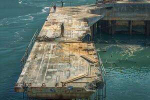 A boat is sitting on a dock in the water photo