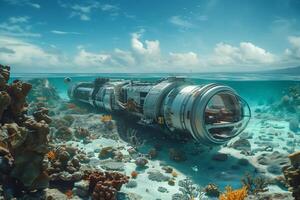 A submarine is underwater in the ocean photo