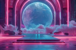 A futuristic space with a large blue planet in the background photo
