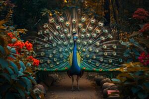 A peacock is walking through a garden photo