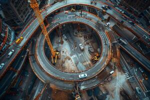 An aerial view of a city street with construction equipment photo