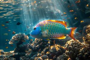 A colorful fish swimming in the ocean with sunlight shining photo