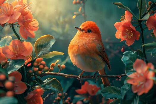 A bird is sitting on a branch with flowers photo