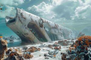 A building in the ocean with a lot of fish photo
