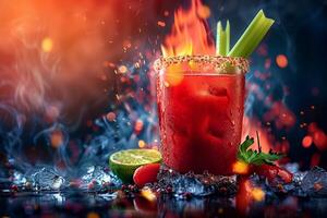 A bloody drink with a lime and celery photo