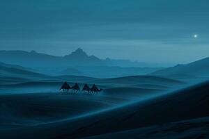 A desert landscape with three camels photo
