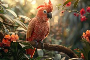 A red parrot sits on a branch in the jungle photo