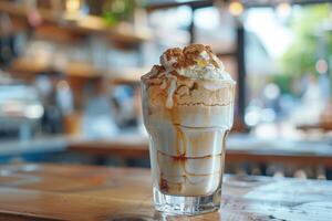 A tall glass of ice cream with whipped cream photo