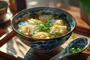 A bowl of soup with dumplings photo