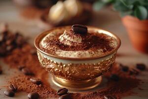Cappuccino in a golden cup with coffee beans and spices photo