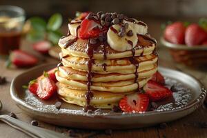 A stack of pancakes topped with strawberries and chocolate chips photo