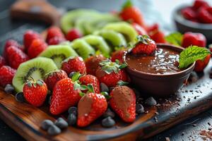 A wooden cutting board with strawberries, kiwi, chocolate and mint photo