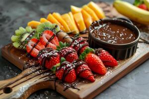A wooden cutting board with strawberries, bananas and chocolate photo