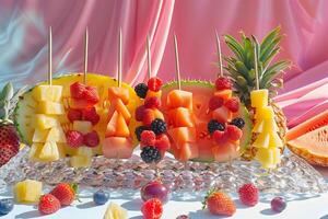 A table with fruit skewers on it photo