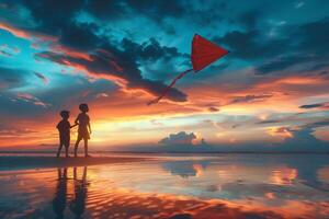 Two children holding hands on the beach at sunset photo