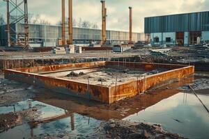 A large metal structure sitting in a muddy area photo