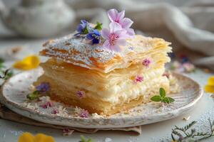 A piece of cake with flowers on top photo