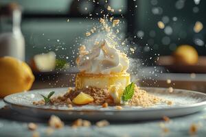 A dessert with whipped cream and lemon slices photo