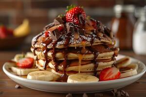 A stack of pancakes with chocolate syrup and strawberries photo