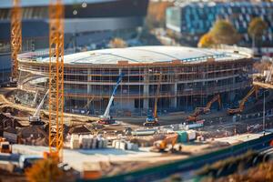 A stadium under construction with cranes and construction workers photo