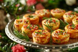 A silver platter with mini quiches on it photo