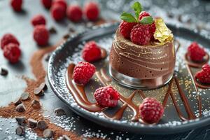 A dessert with chocolate and raspberries on a plate photo