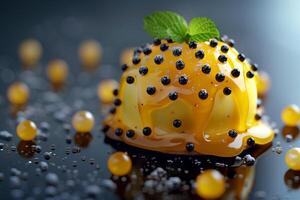 A dessert with black and yellow candies photo