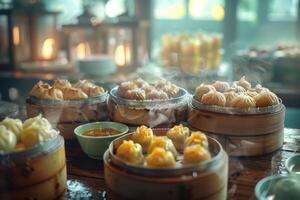 Many different types of dumplings are on a table photo