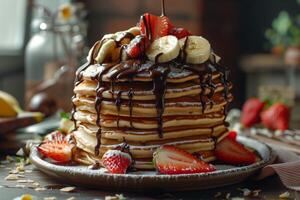 A stack of pancakes with strawberries and bananas photo